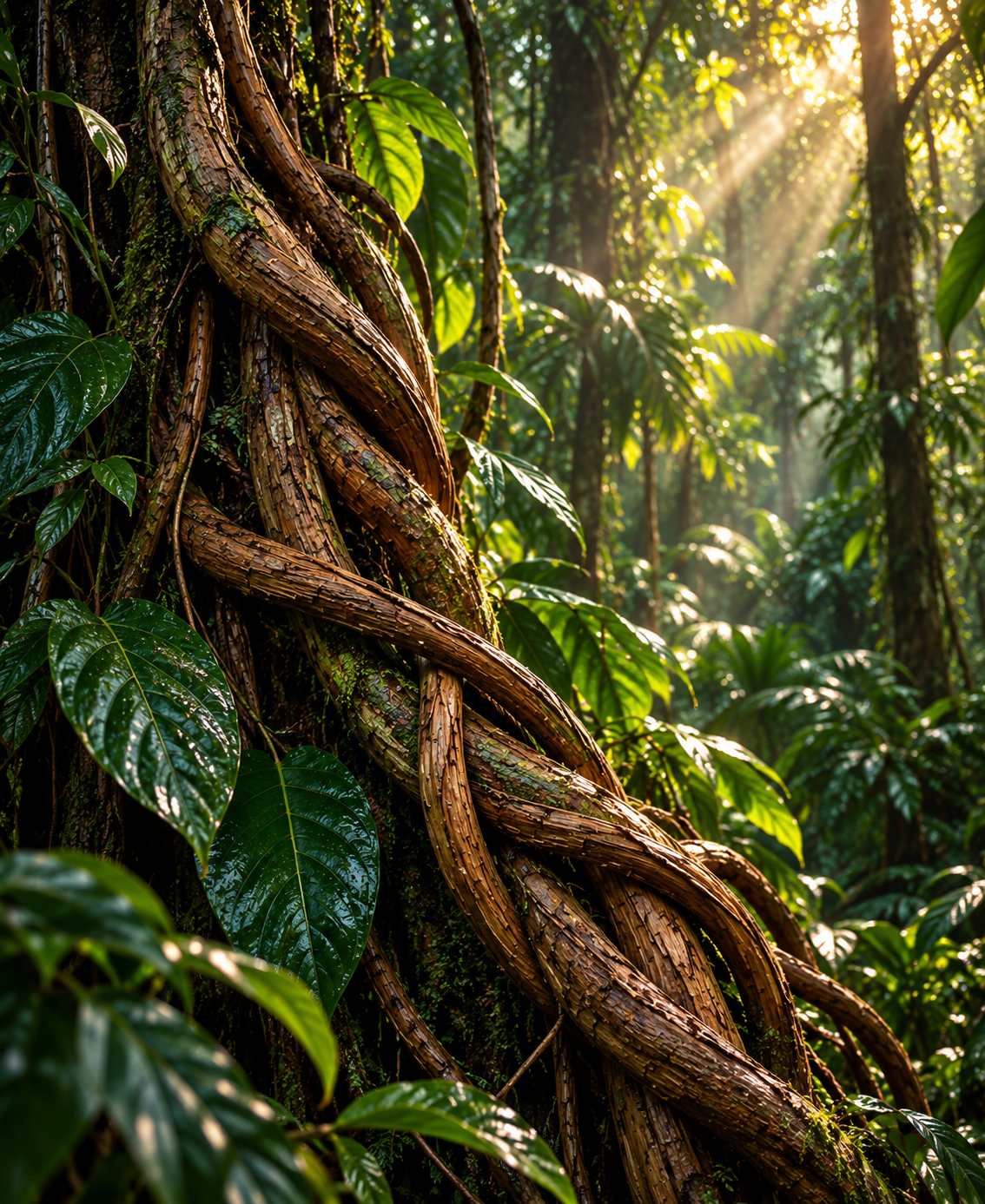 A mature ayahuasca vine winding around a rainforest tree in warm filtered light