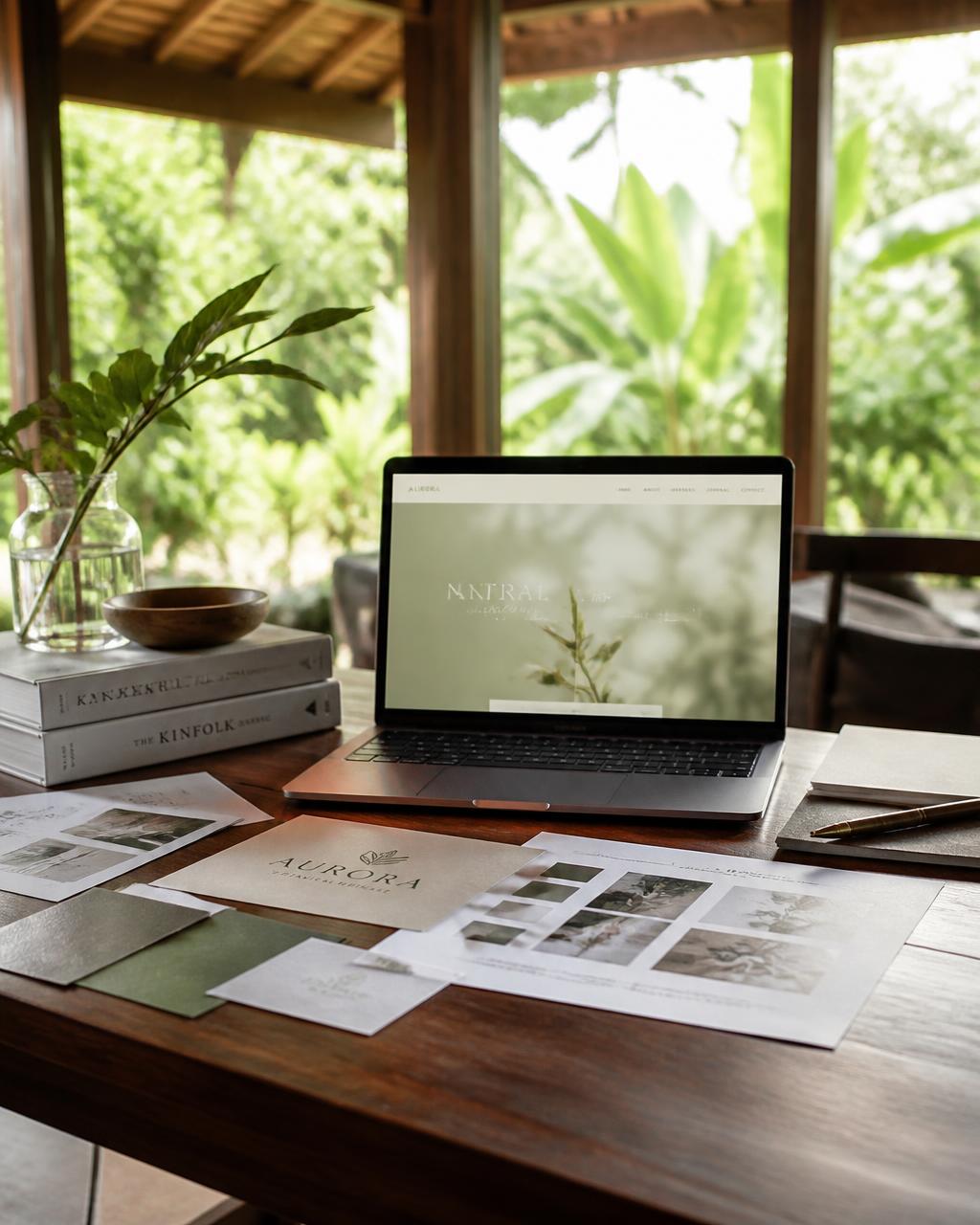 A design studio desk in a garden pavilion with brand moodboard materials