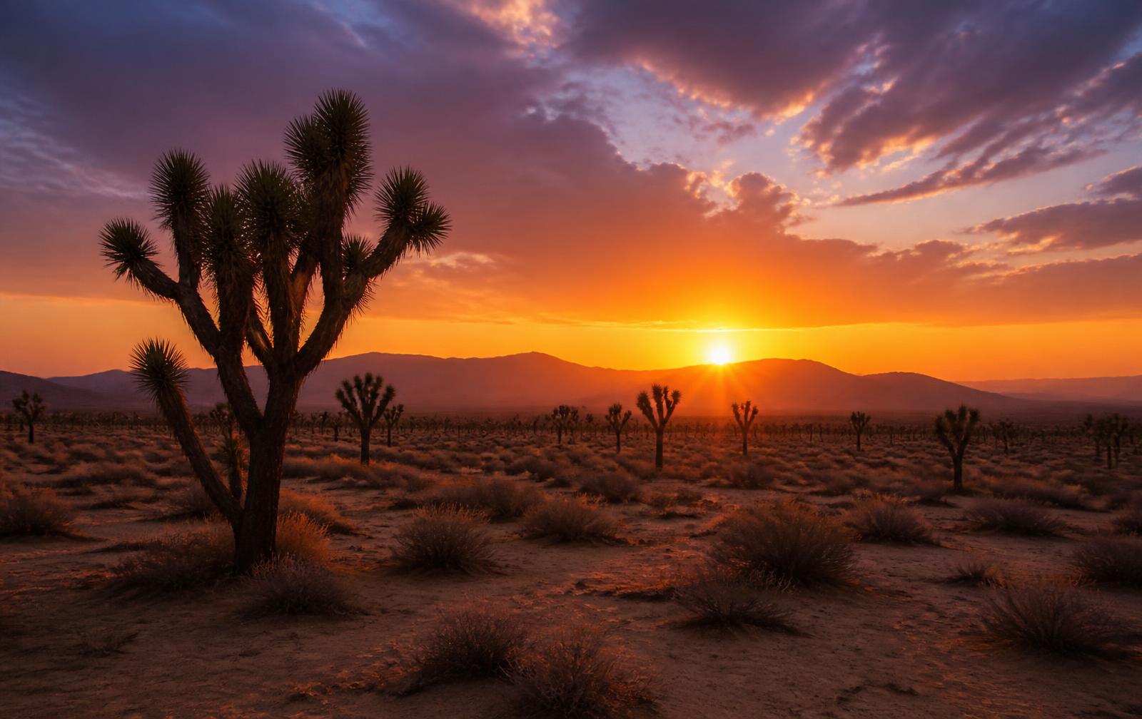 Desert landscape with Joshua trees at sunset
