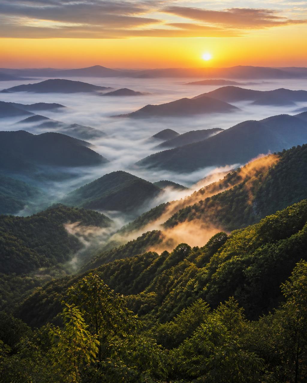 Sunrise over layered forested mountain ridges above valley mist