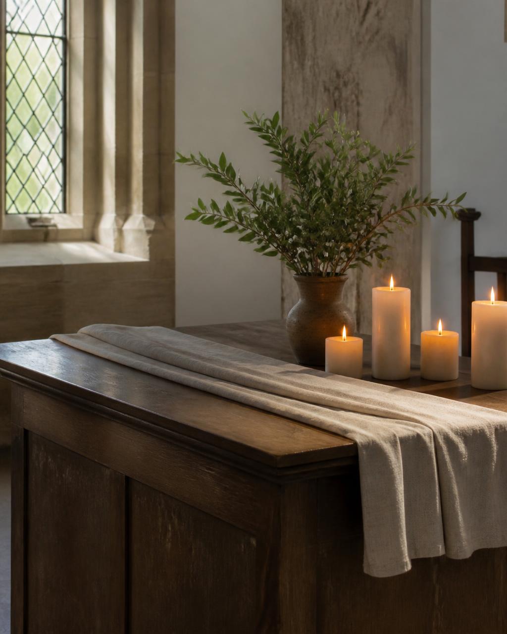 A simple altar table with candlelight in a quiet sanctuary