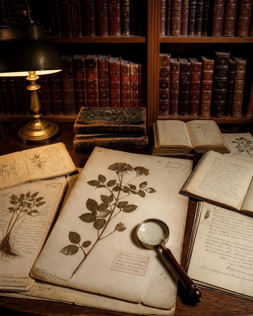 Botanical specimen sheets and study materials in an archive