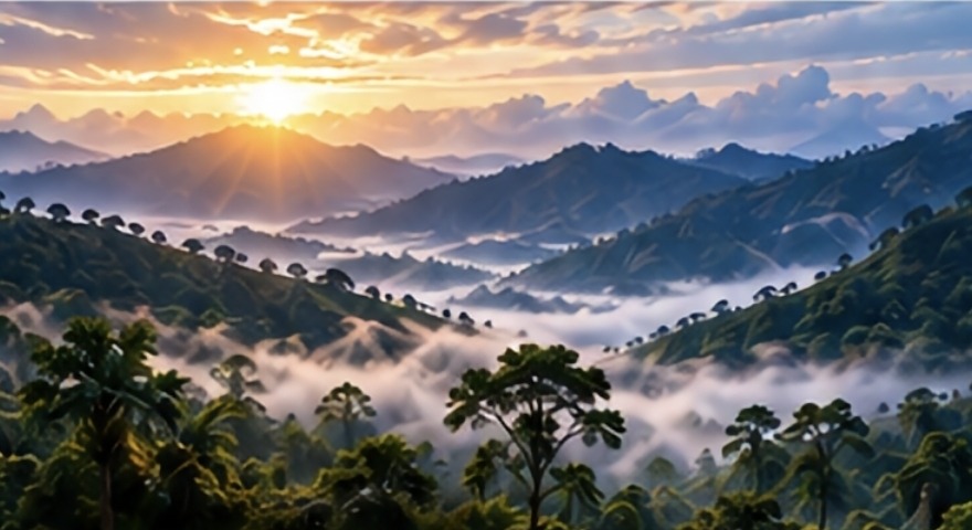 Sunrise over misty forested mountain ridges