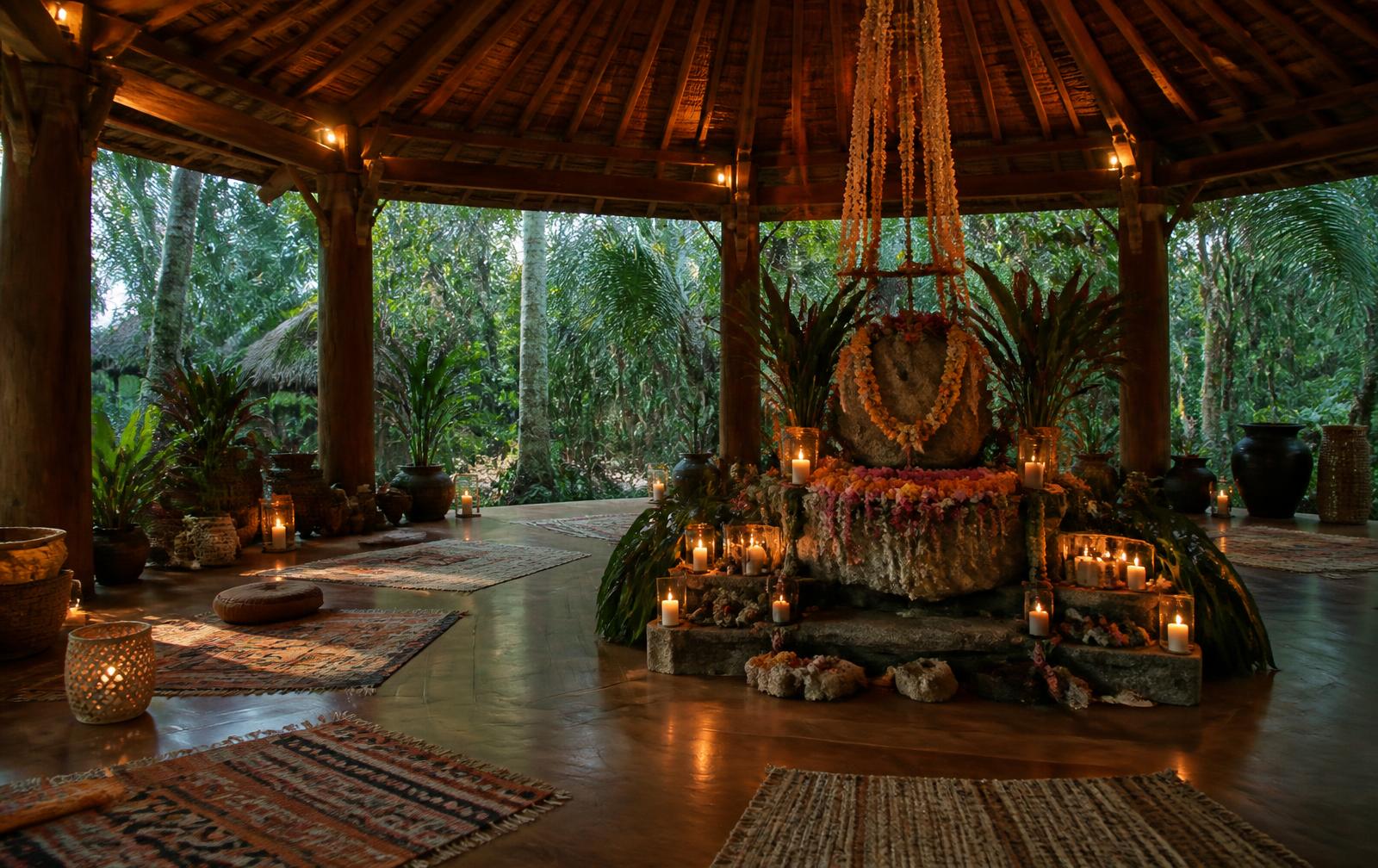 A candlelit ceremonial sanctuary open to the surrounding jungle