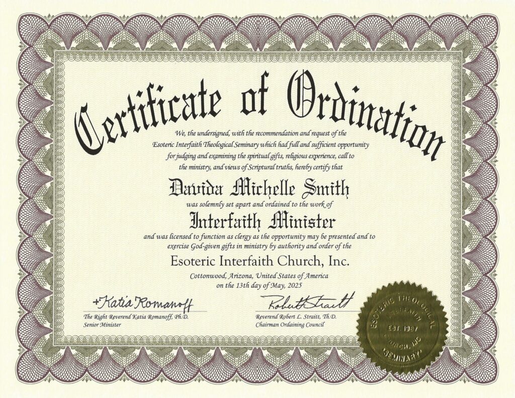 Authorized sample Certificate of Ordination issued by Esoteric Interfaith Church, Inc.