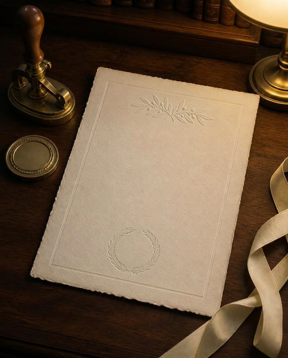 A blank embossed certificate on a walnut desk beside a brass seal press