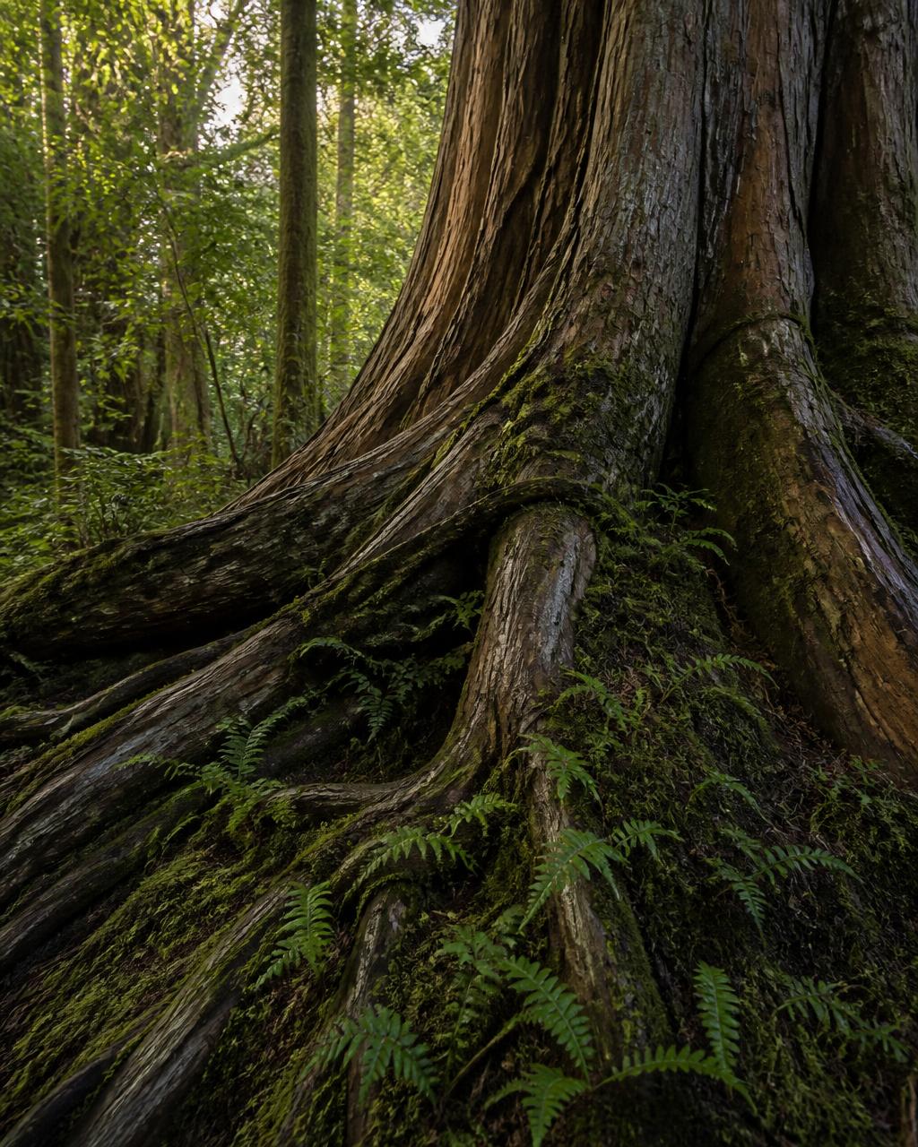 Mature tree roots spreading across a forest floor