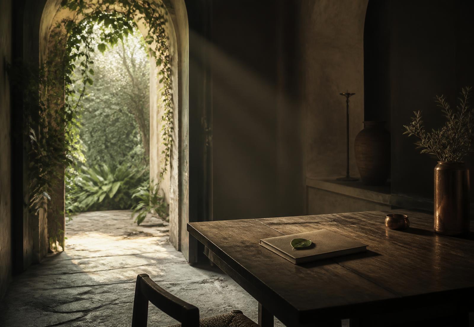 A quiet forest sanctuary in soft light