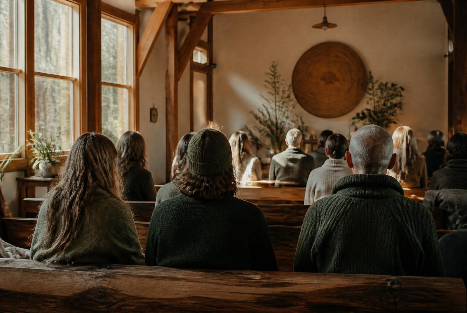 A faith community gathered in a forest sanctuary