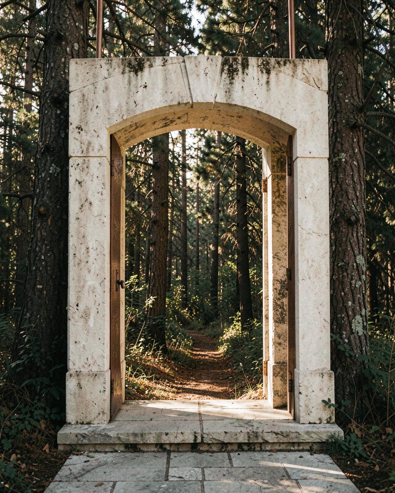 Stone threshold opening into a quiet forest